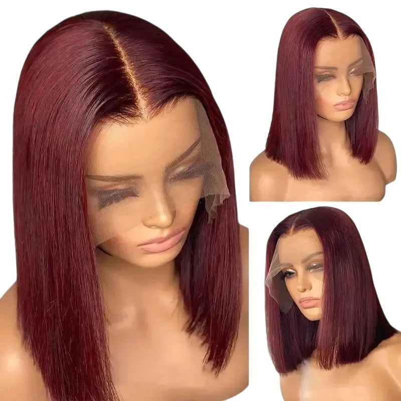 RitzWigs short straight burgundy bob wig with a transparent lace front on a mannequin head