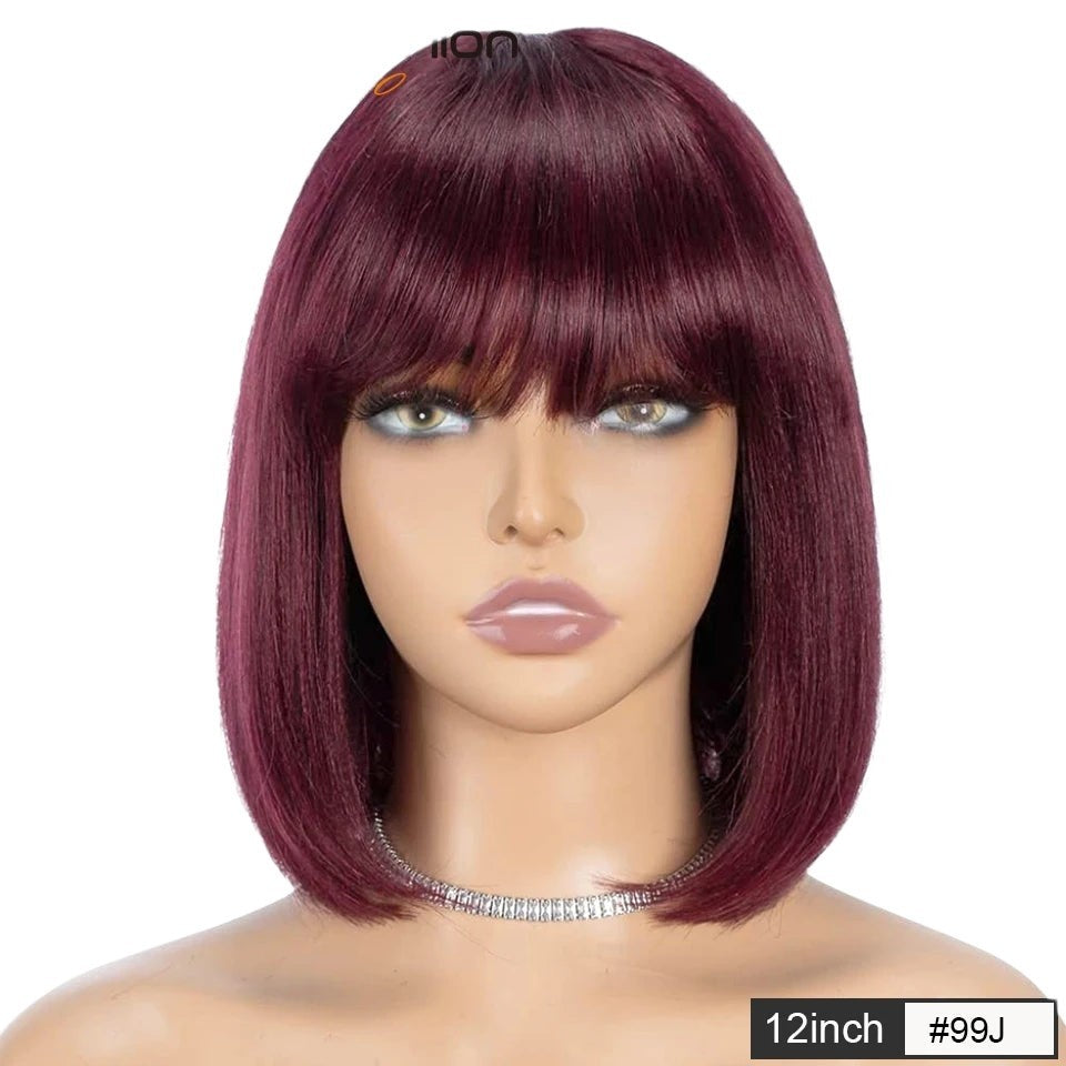 RitzWigs 99J burgundy red straight human hair bob wig with bangs on a mannequin head