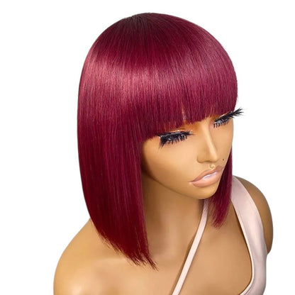 RitzWigs short straight burgundy 99J bob human hair wig with bangs on a mannequin head