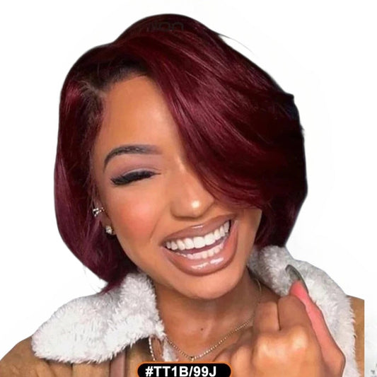 RitzWigs short burgundy straight bob human hair wig with side-swept bangs worn by a smiling woman