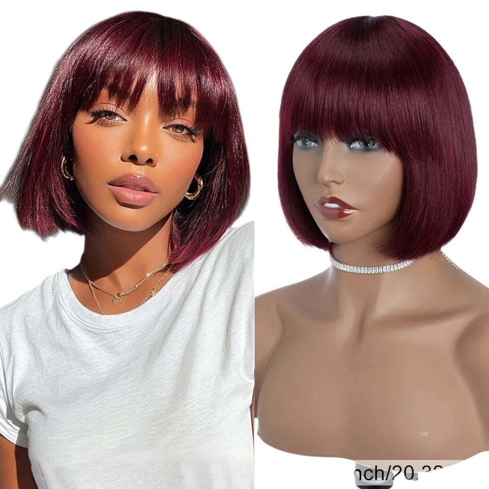 RitzWigs burgundy straight short bob human hair wig with bangs on a mannequin head and a model