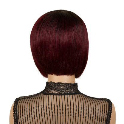 RitzWigs short straight burgundy bob wig on a mannequin, back view showing sleek dark red human hair