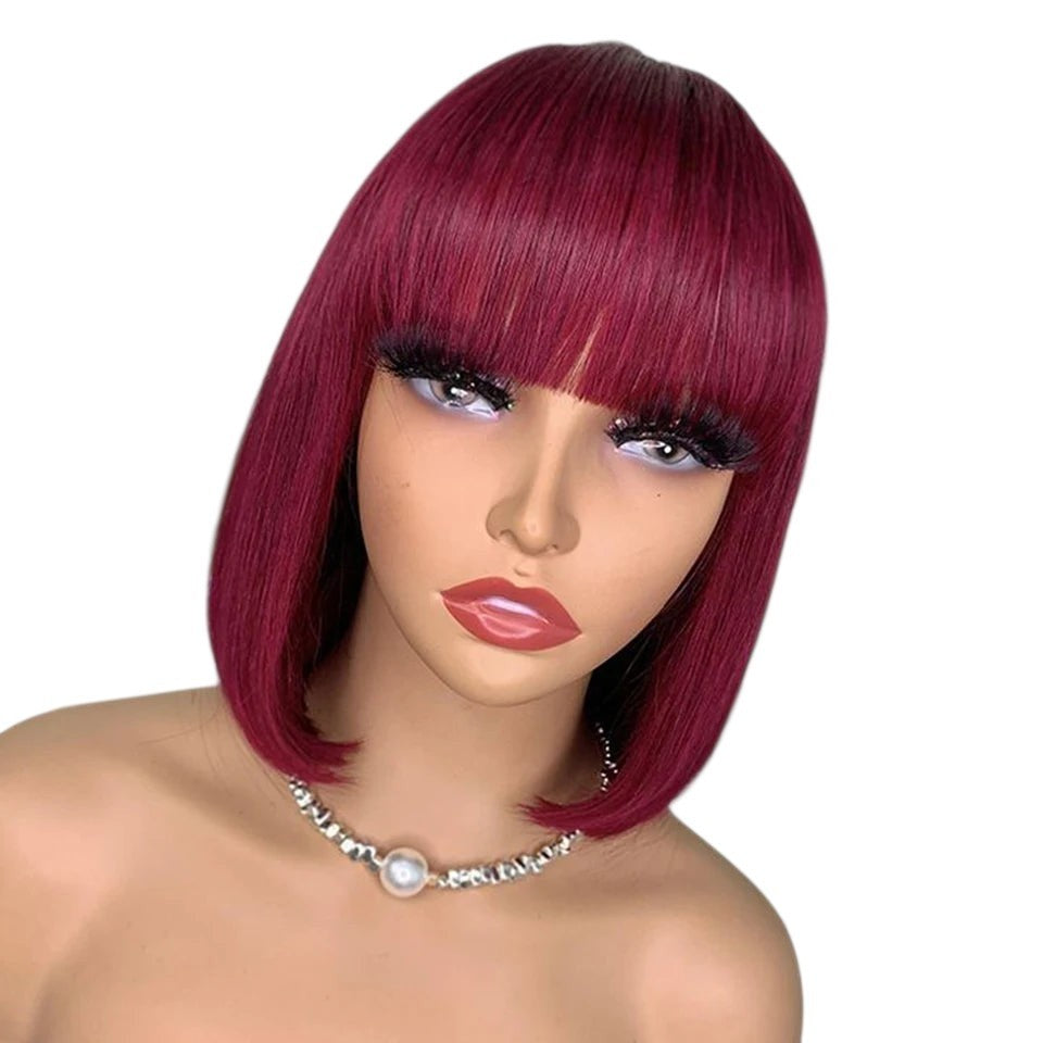 RitzWigs burgundy red short straight bob human hair wig with bangs on a mannequin head