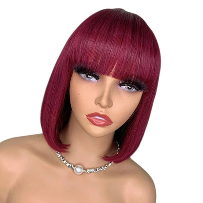 RitzWigs burgundy red short straight bob human hair wig with bangs on a mannequin head
