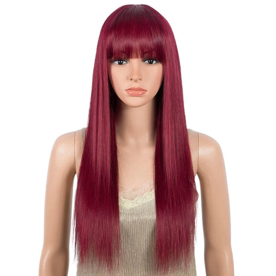 RitzWigs burgundy straight human hair wig with bangs on a mannequin, featuring a sleek, medium-length style.