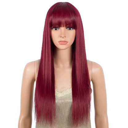 RitzWigs burgundy straight human hair wig with bangs on a mannequin, featuring a sleek, medium-length style.