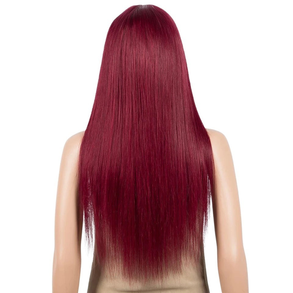 RitzWigs burgundy straight human hair wig with long sleek texture shown from the back on a mannequin