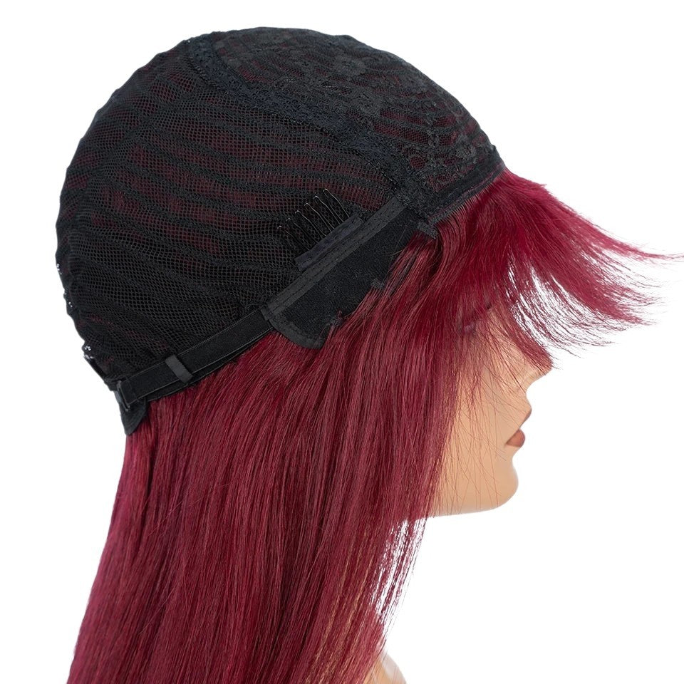 RitzWigs burgundy straight human hair wig with bangs shown on a mannequin head displaying the inner cap construction
