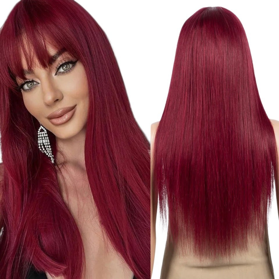 RitzWigs burgundy straight human hair wig with bangs worn by a model, showing front and back views.