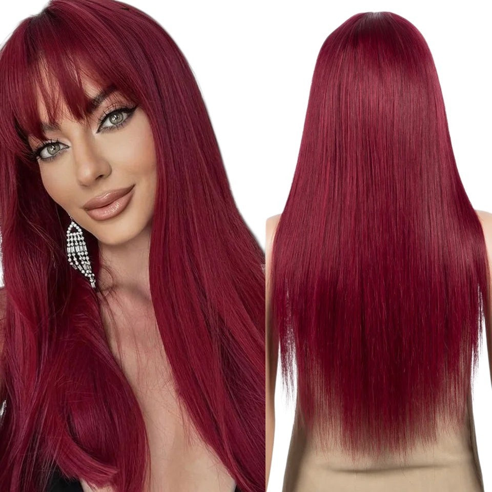 RitzWigs burgundy straight human hair wig with bangs, featuring a sleek, long style on a model.