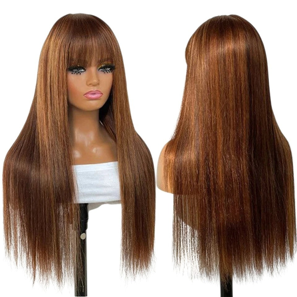 RitzWigs burgundy straight human hair wig with bangs on a mannequin, showing front and back views.