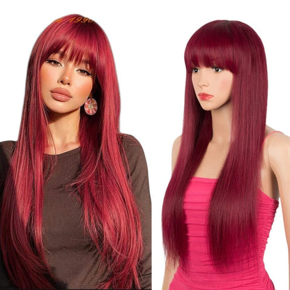 RitzWigs burgundy straight human hair wig with bangs on a model and mannequin, featuring a vibrant red-toned finish.