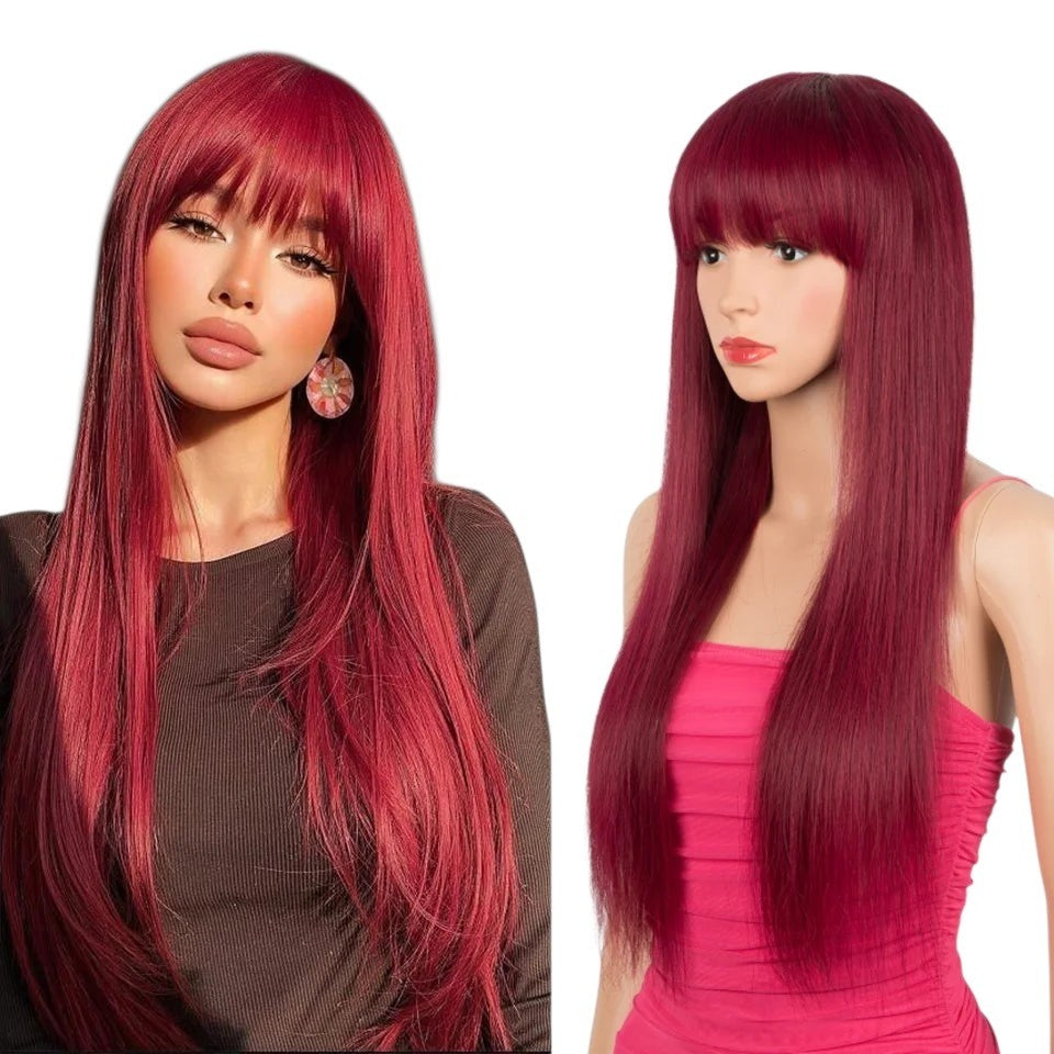 RitzWigs burgundy straight human hair wig with bangs worn by a model and displayed on a mannequin