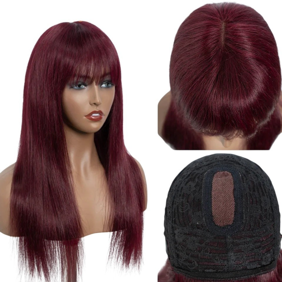 RitzWigs burgundy straight human hair wig with bangs on a mannequin head, showing lace cap construction