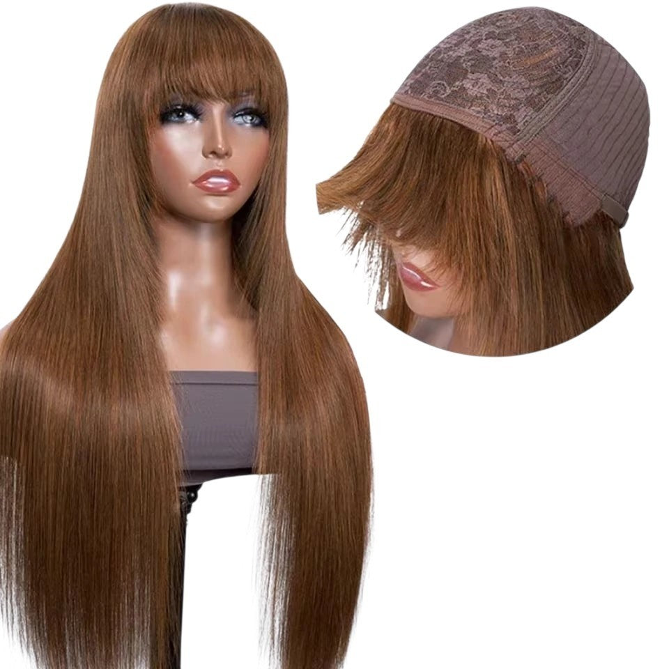 RitzWigs chocolate brown straight human hair wig with bangs on a mannequin head showing cap construction