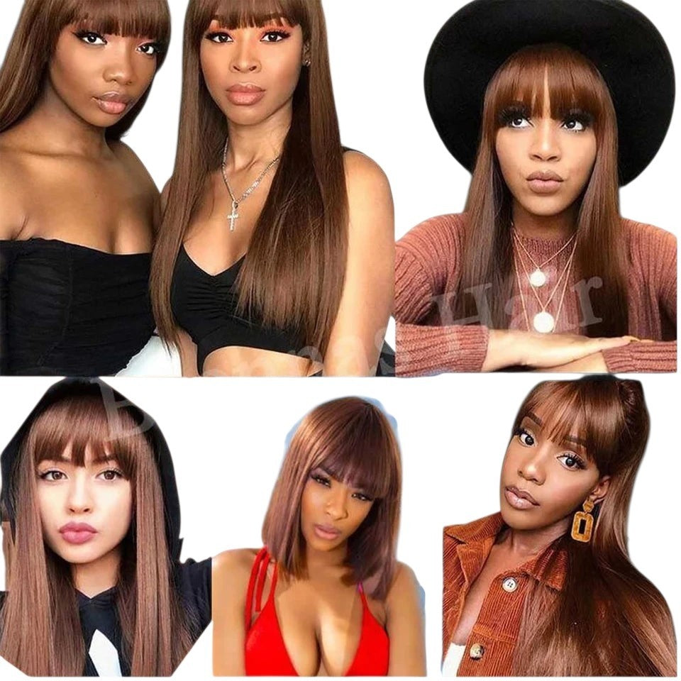 RitzWigs chocolate brown straight human hair wig with bangs worn by models in various styles and settings