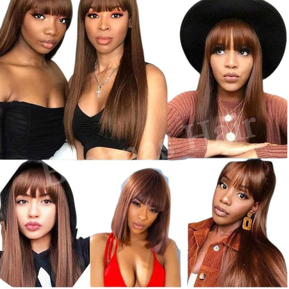 RitzWigs chocolate brown straight human hair wig with bangs worn by models in various styles and settings
