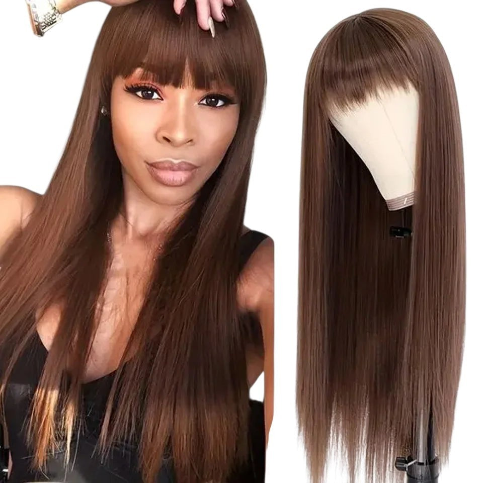 RitzWigs chocolate brown straight human hair wig with bangs worn by a model and displayed on a mannequin head