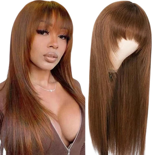 RitzWigs chocolate brown straight human hair wig with bangs worn by a model and displayed on a mannequin head