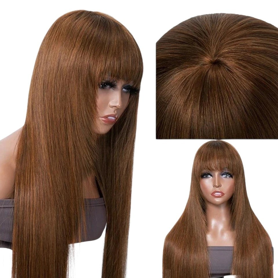 RitzWigs chocolate brown straight human hair wig with bangs on a mannequin head, showing layered cut and natural texture.