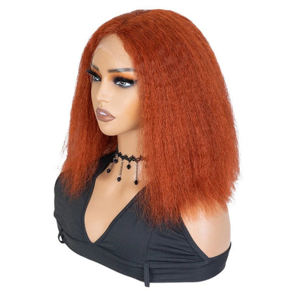 RitzWigs kinky straight bob wig in copper orange on a mannequin head with transparent lace front