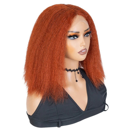 RitzWigs copper orange kinky straight bob human hair lace front wig on a mannequin head with a middle part