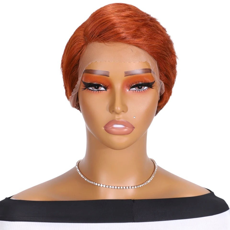 RitzWigs short copper orange pixie cut human hair lace wig with a side part on a mannequin head