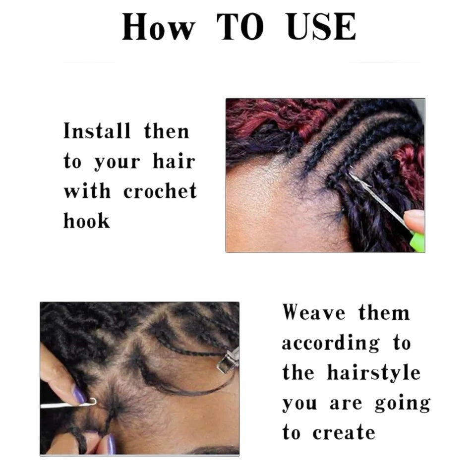 RitzWigs instructional guide showing how to install pre-looped crochet boho locs using a crochet hook on natural hair