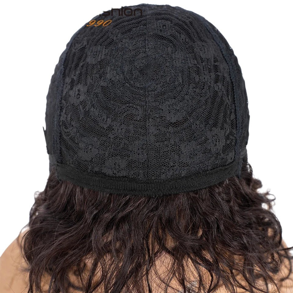 RitzWigs short curly bob wig showing the interior black lace cap construction and natural wavy human hair texture