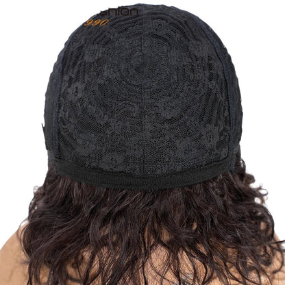 RitzWigs short curly bob wig showing the interior black lace cap construction and natural wavy human hair texture
