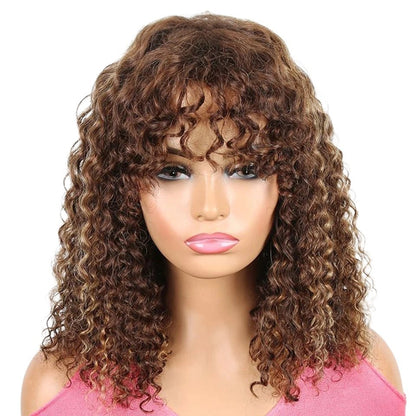 RitzWigs short curly human hair bob wig with bangs in a highlighted brown and black colour on a mannequin head