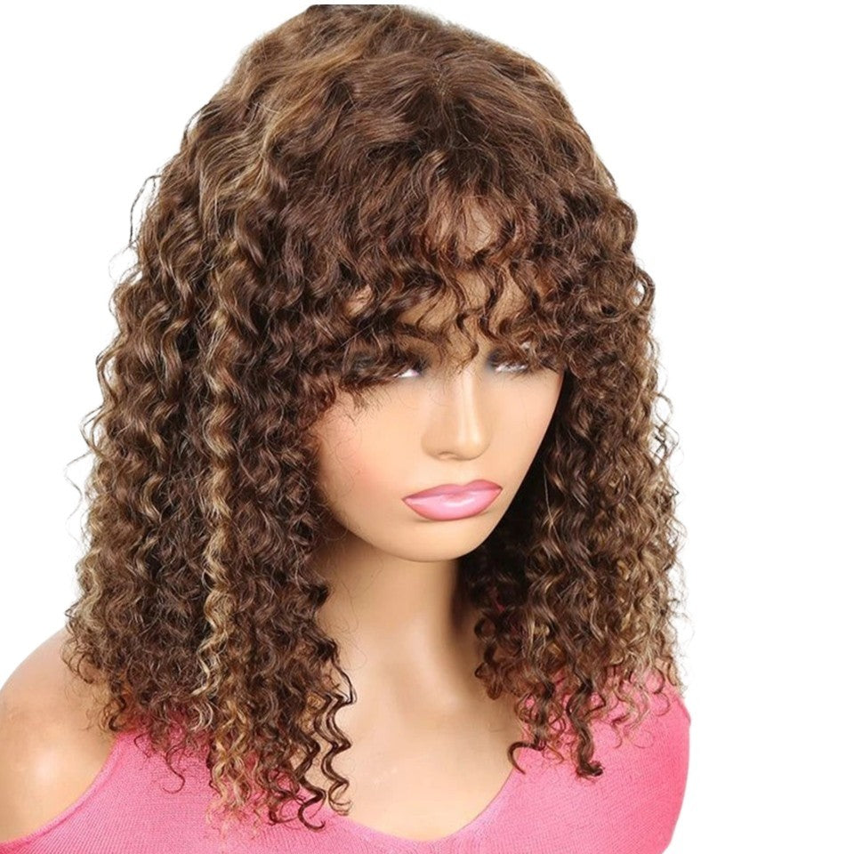 RitzWigs short curly human hair bob wig with bangs in a highlighted brown shade on a mannequin head