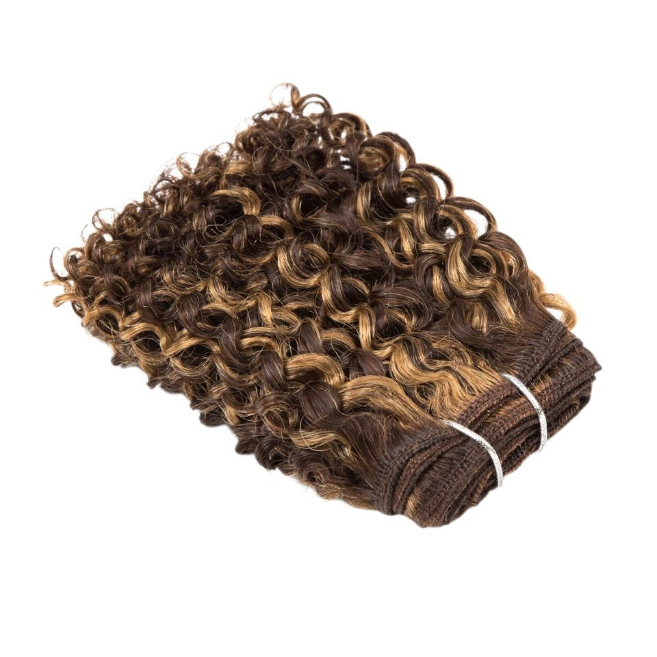 RitzWigs kinky curly human hair bundles in P4/27 highlight brown and blonde tones, 6-inch Remy hair weave extensions.