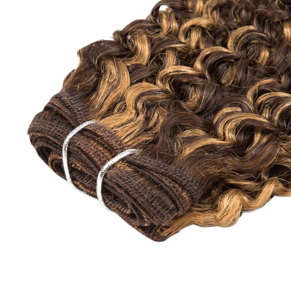 RitzWigs Rebecca Fashion curly human hair weave bundles in P4/27 highlight brown and blonde kinky curl texture