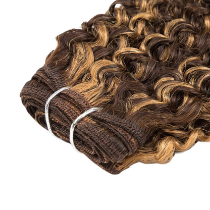 RitzWigs Rebecca Fashion curly human hair weave bundles in P4/27 highlight brown and blonde kinky curl texture
