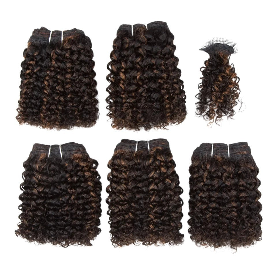 RitzWigs 5-piece set of curly Brazilian human hair bundles in a P1B/30 highlight colour for extensions.