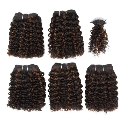 RitzWigs 5-piece set of curly Brazilian human hair bundles in a P1B/30 highlight colour for extensions.