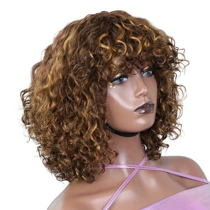 RitzWigs short kinky curly Brazilian Remy human hair wig with bangs and brown highlights on a mannequin