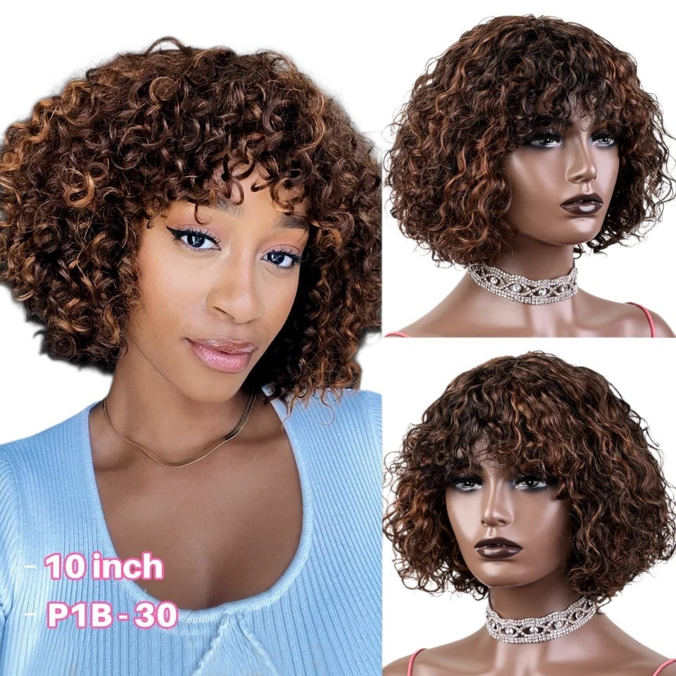 RitzWigs short curly pixie bob human hair wig with bangs in P1B-30 honey brown highlight colour on a mannequin
