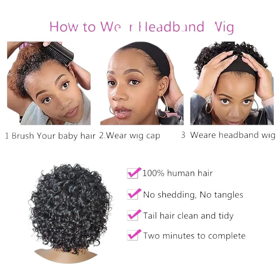 RitzWigs instructional guide showing how to apply a natural black curly pixie cut headband wig on a model