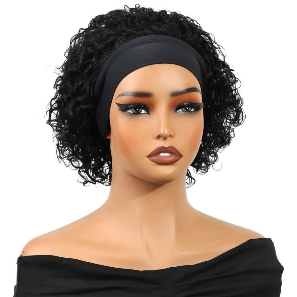 RitzWigs natural black curly pixie cut headband wig on a mannequin with defined jerry curls and a comfortable fit.
