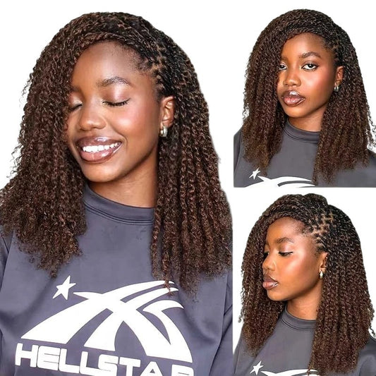 RitzWigs dark brown afro kinky curly human hair extensions styled in braids on a smiling model