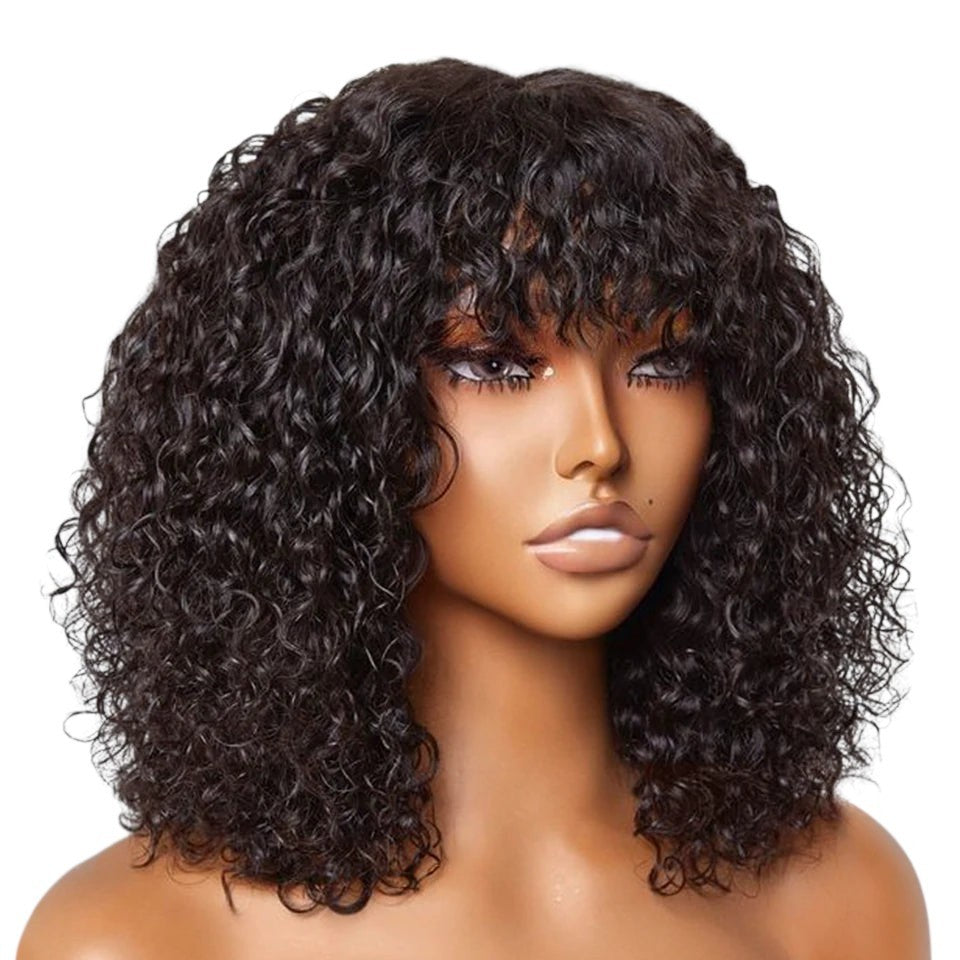 RitzWigs debut short curly pixie bob human hair wig with bangs in natural black, featuring a wet and wavy texture.