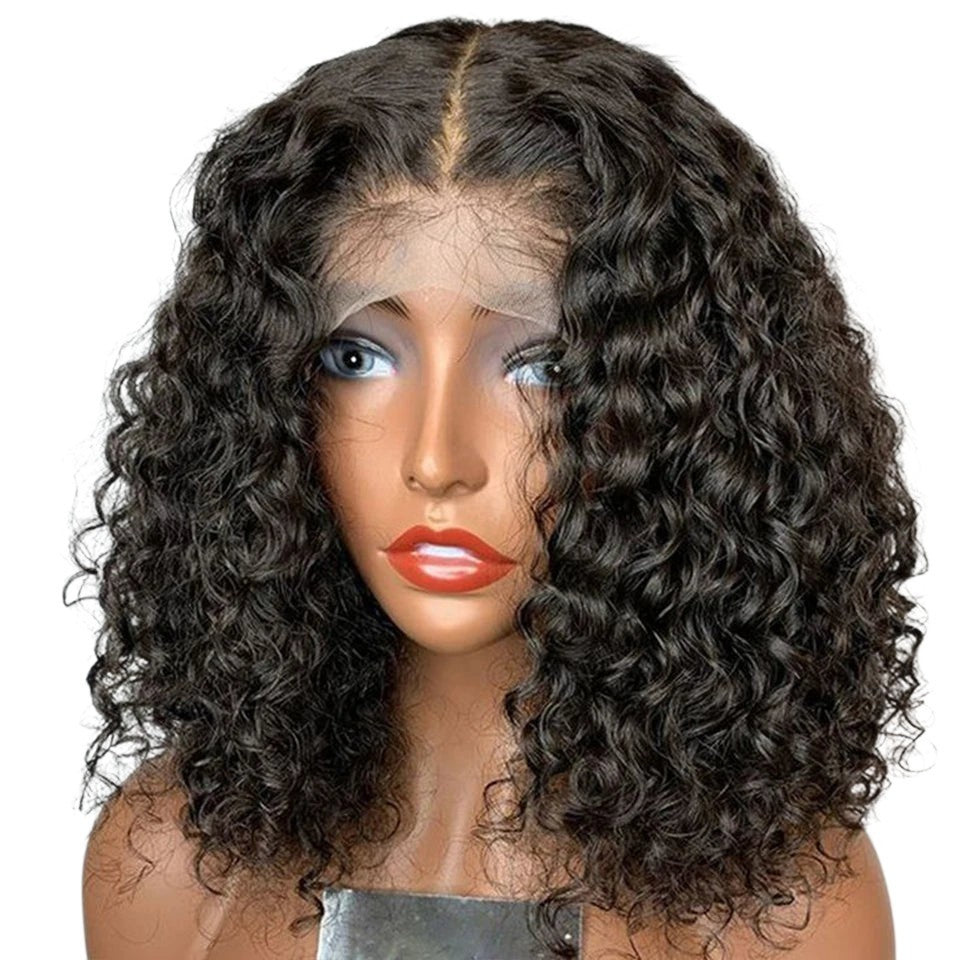 RitzWigs short deep wave bob lace front wig made of Brazilian human hair with transparent lace on a mannequin head