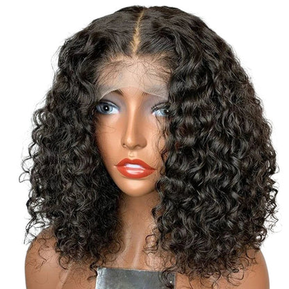 RitzWigs short deep wave bob lace front wig made of Brazilian human hair with transparent lace on a mannequin head
