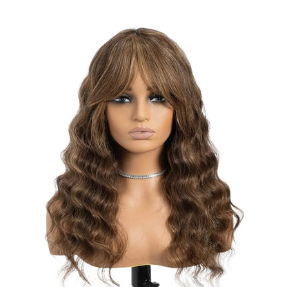 RitzWigs deep wave human hair wig with bangs in a natural brown highlighted shade on a mannequin head