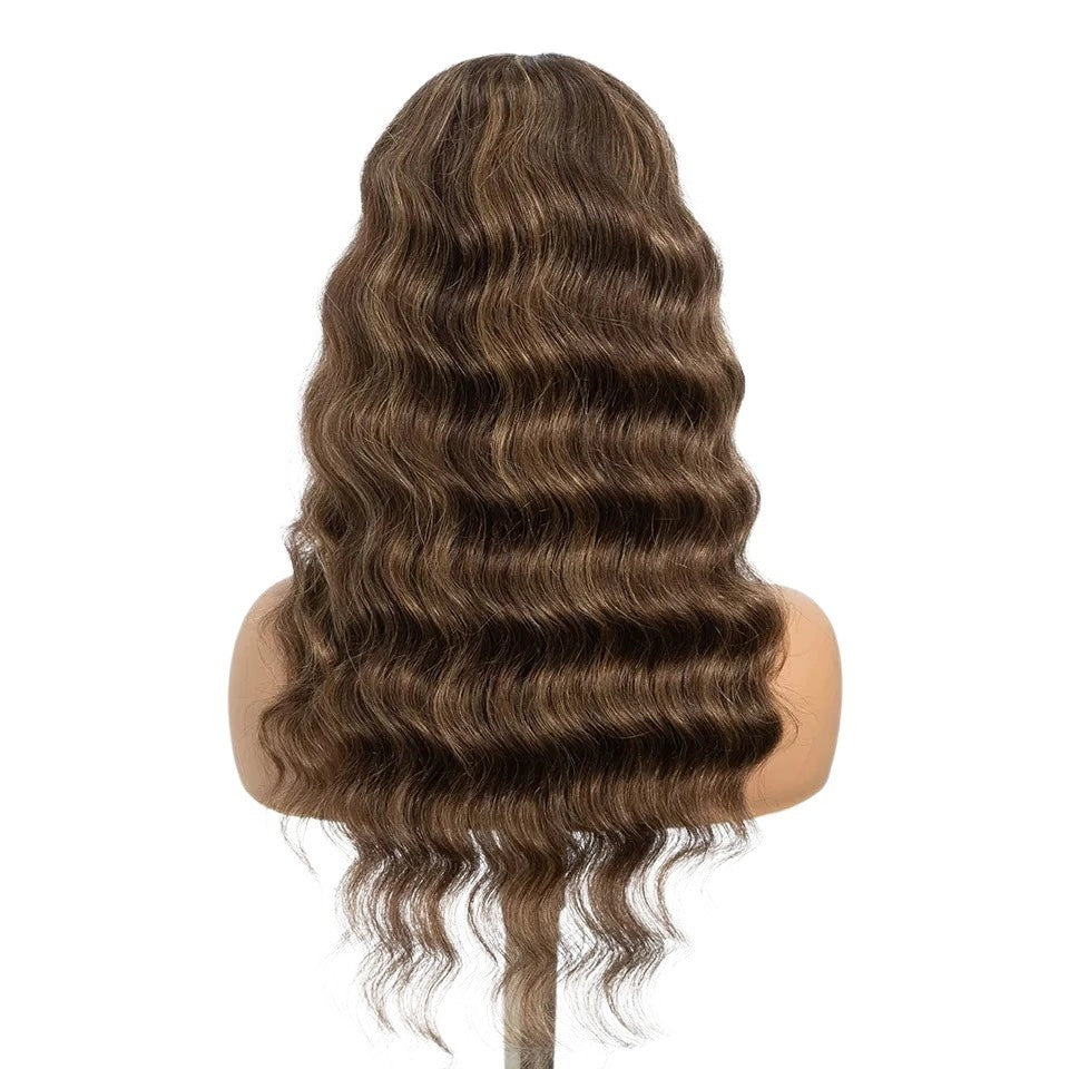 RitzWigs deep wave human hair wig with brown highlights on a mannequin head, showing long wavy texture.