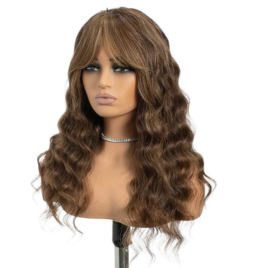 RitzWigs deep wave human hair wig with bangs in a natural brown highlighted shade on a mannequin head