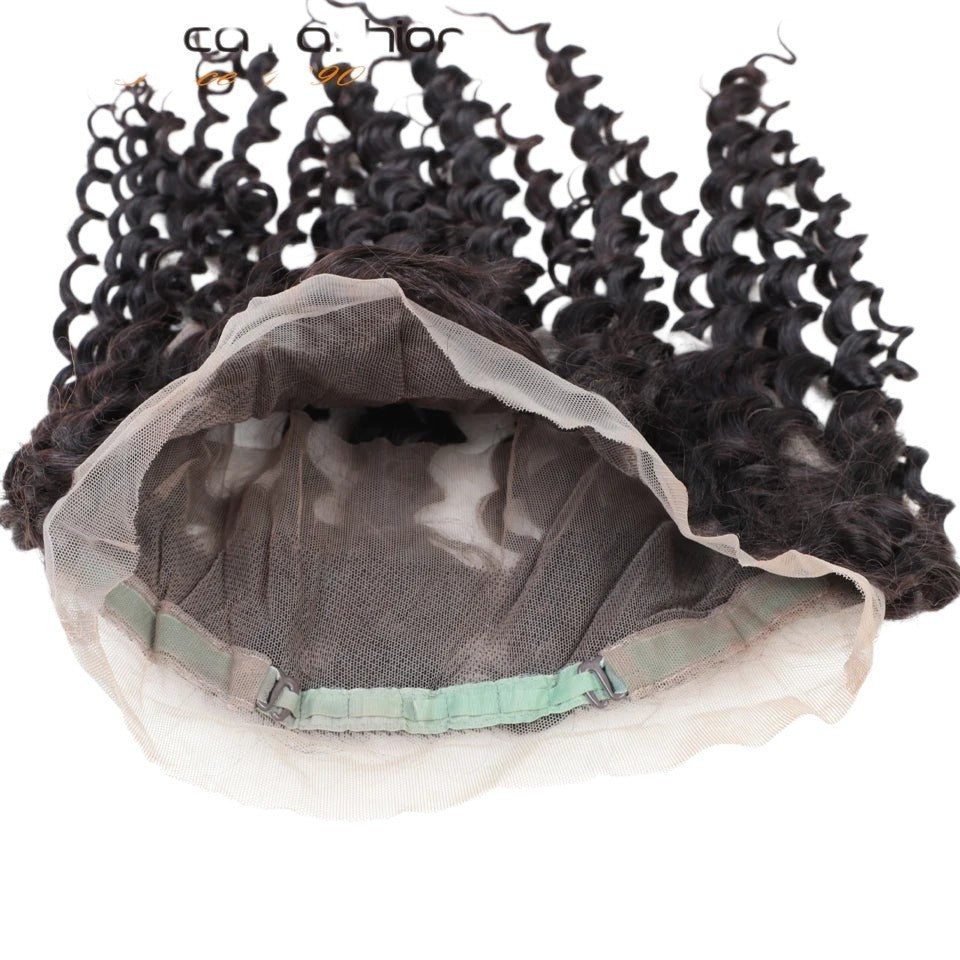 RitzWigs 360 lace frontal closure featuring deep wave Brazilian human hair with transparent Swiss lace base.