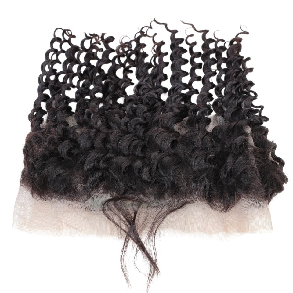 RitzWigs 360 lace frontal closure featuring deep wave Brazilian human hair with transparent Swiss lace for a natural look.